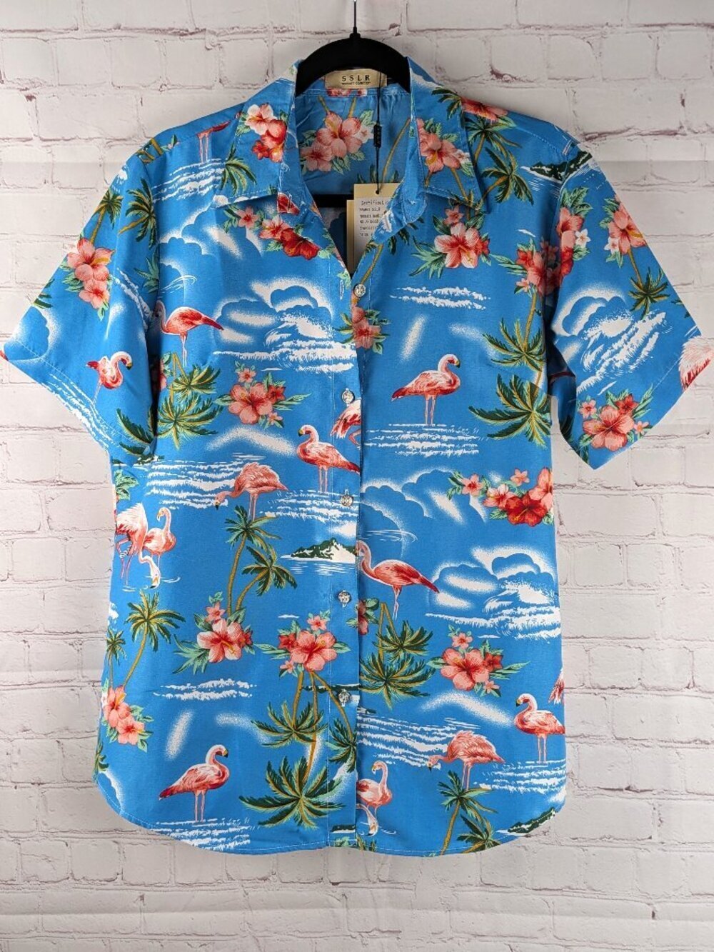 NEW SSLR Women's Pink Flamingo Hawaiian Shirt L